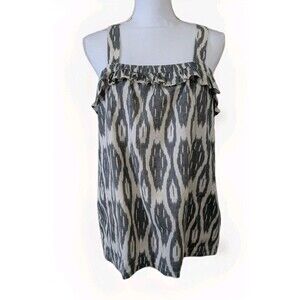 J Crew Factory Tank Top Women's 10 Ikat Tan Black Geometric Print Ruffle Flounce